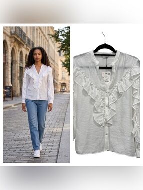 White Ruffled V-Neck Women's Blouse ZARA size M NWT
